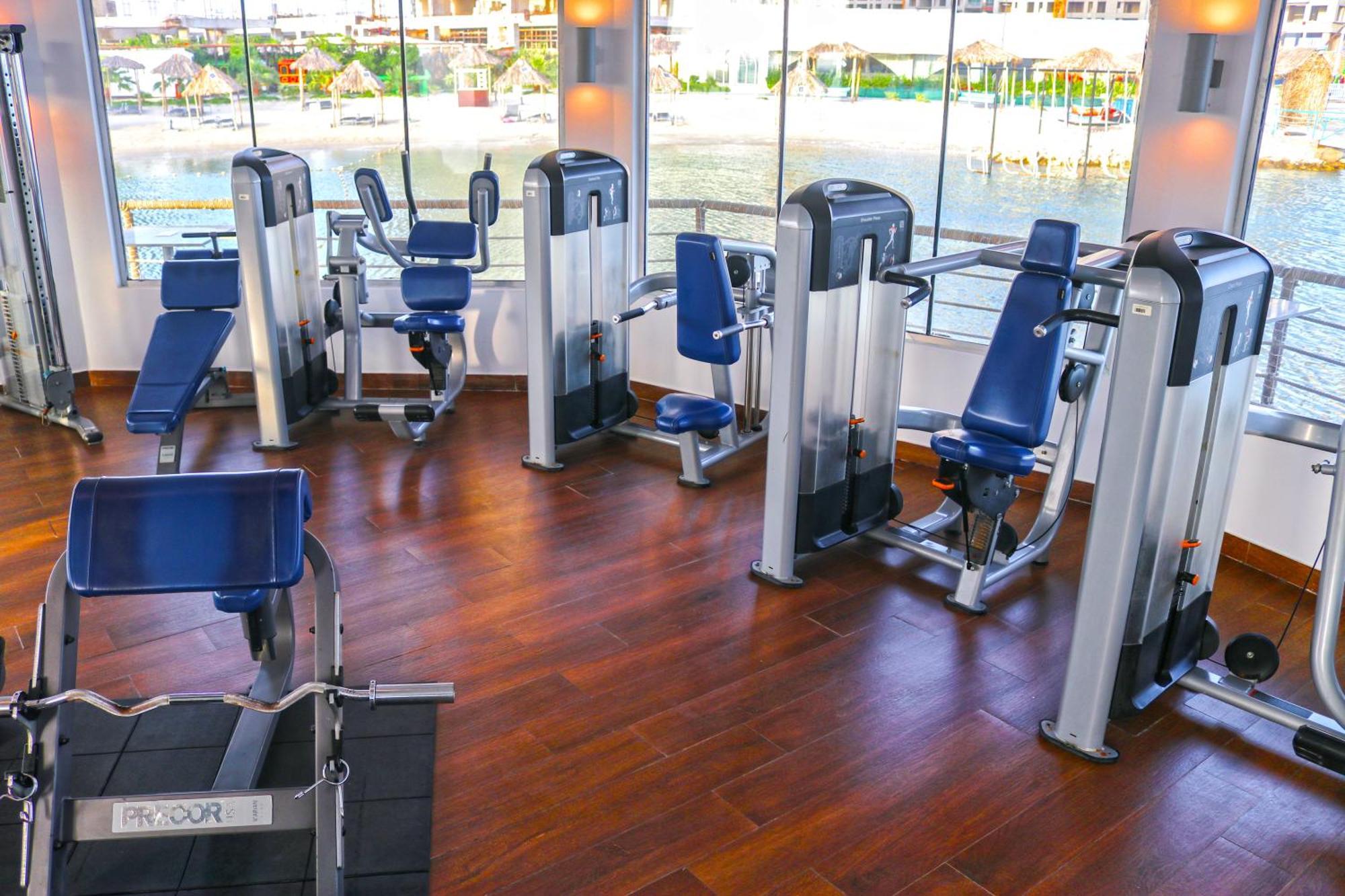 Lagoona Beach Luxury Resort And Spa Manama Exterior photo The photo shows a gym or fitness center with several pieces of exercise equipment. There are multiple machines designed for strength training, including seated machines with padded seats and backrests. The equipment appears to have a modern design an